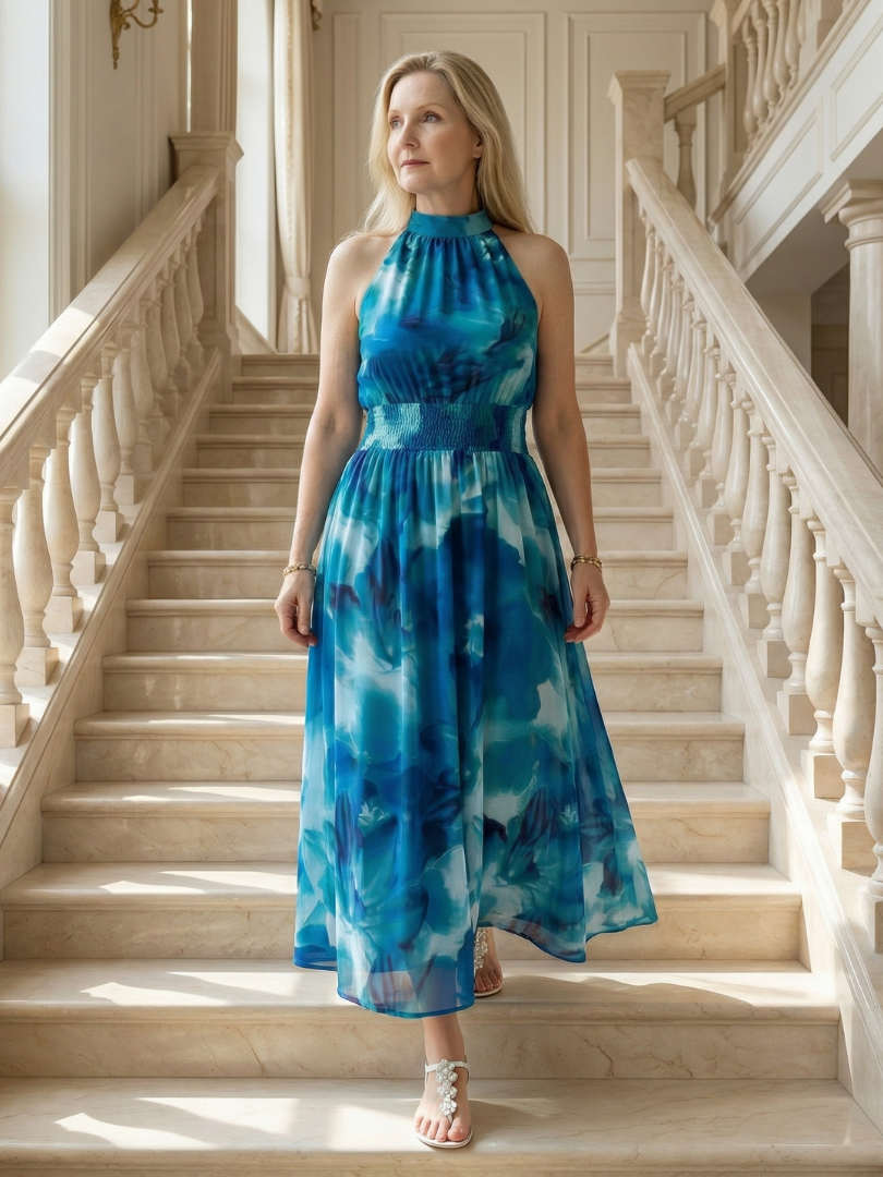VIRELLE | Robe Midi à Encolure Halter Froncée Sylin