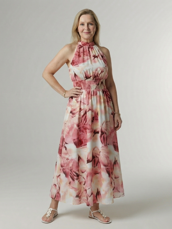 VIRELLE | Robe Midi à Encolure Halter Froncée Sylin