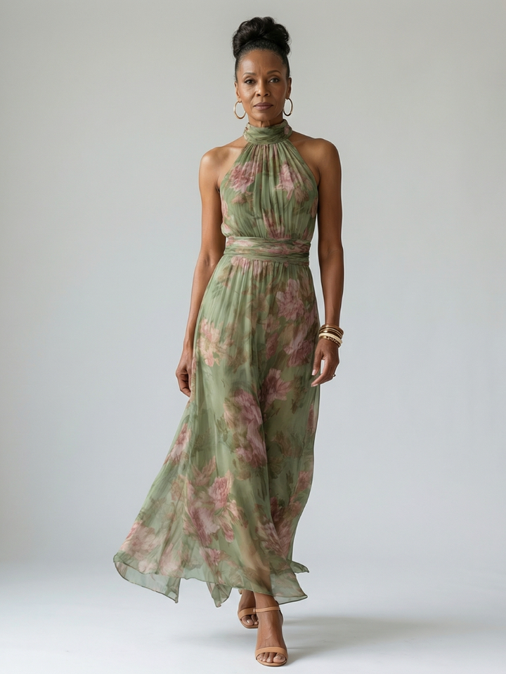 VIRELLE | Robe Midi à Encolure Halter Froncée Mirelle