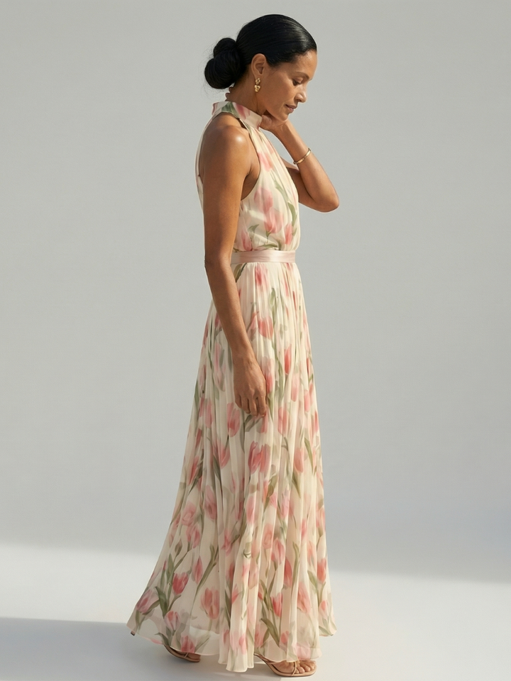 VIRELLE | Robe Midi à Col Halter à Fleurs Aurelle