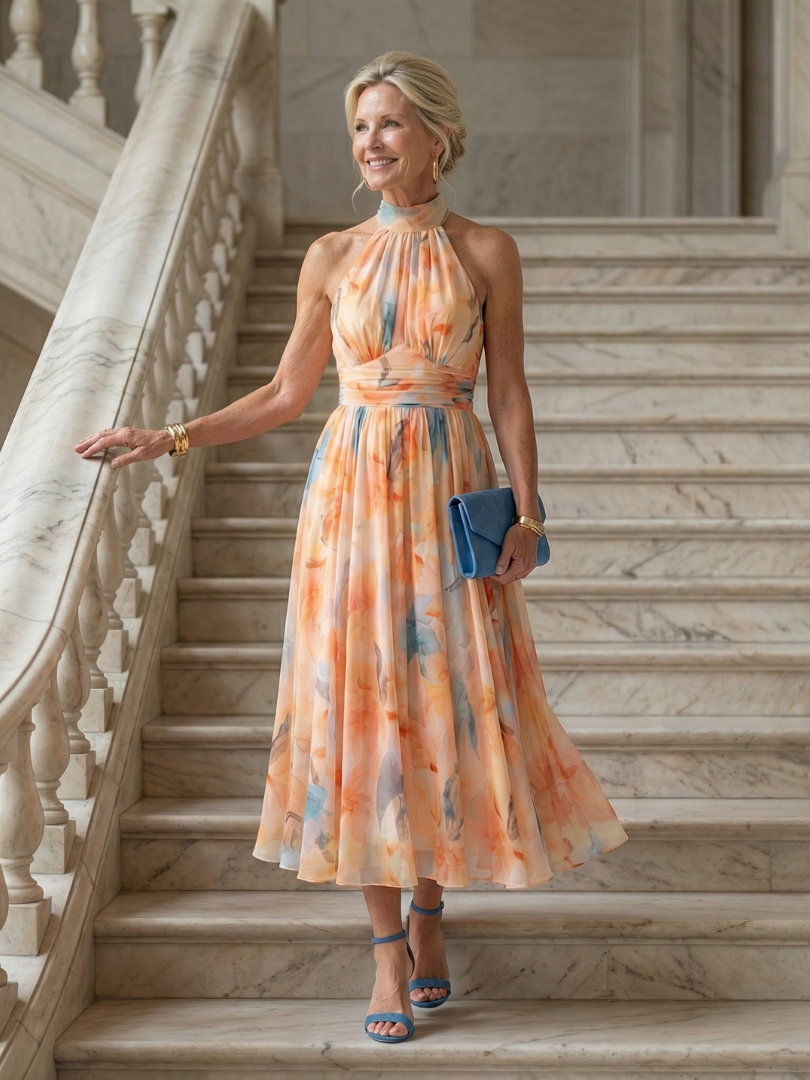 VIRELLE | Robe Midi à Col Halter Doux Elin