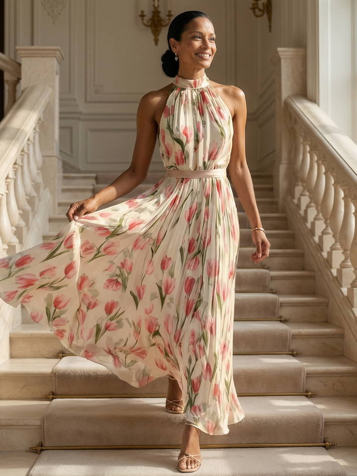 VIRELLE | Robe Midi à Col Halter à Fleurs Aurelle