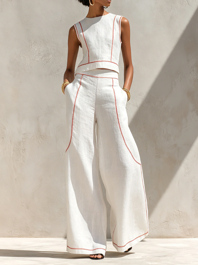 Margaux | Ensemble Blanc, Top sans Manches et Pantalon Large