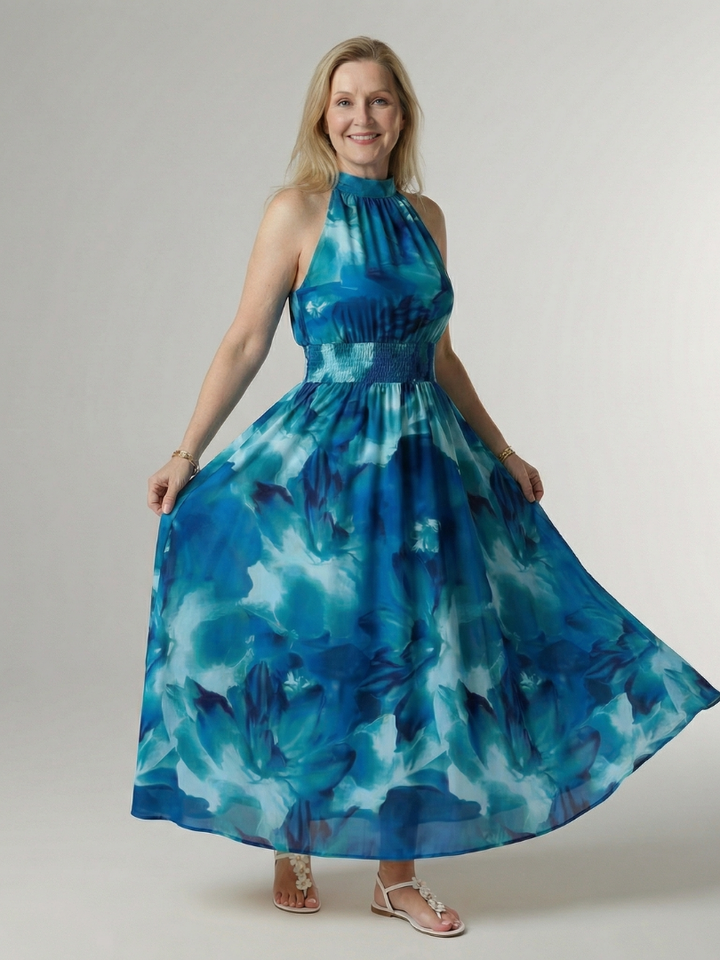 VIRELLE | Robe Midi à Encolure Halter Froncée Sylin