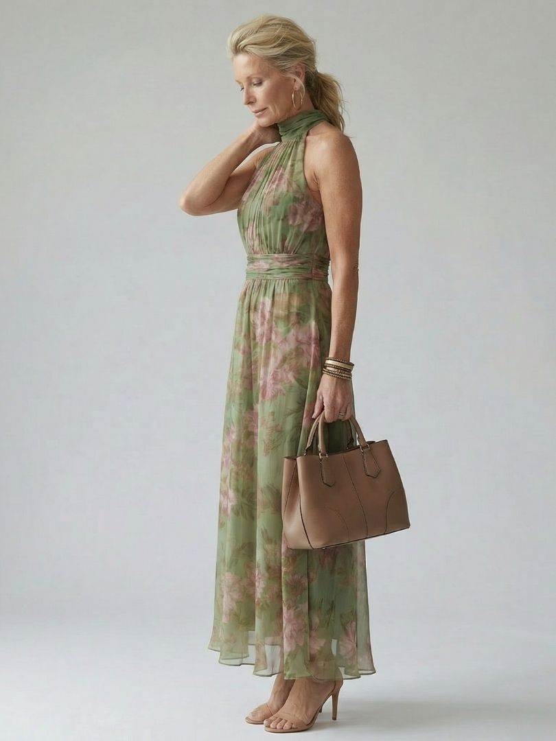 VIRELLE | Robe Midi à Encolure Halter Froncée Mirelle