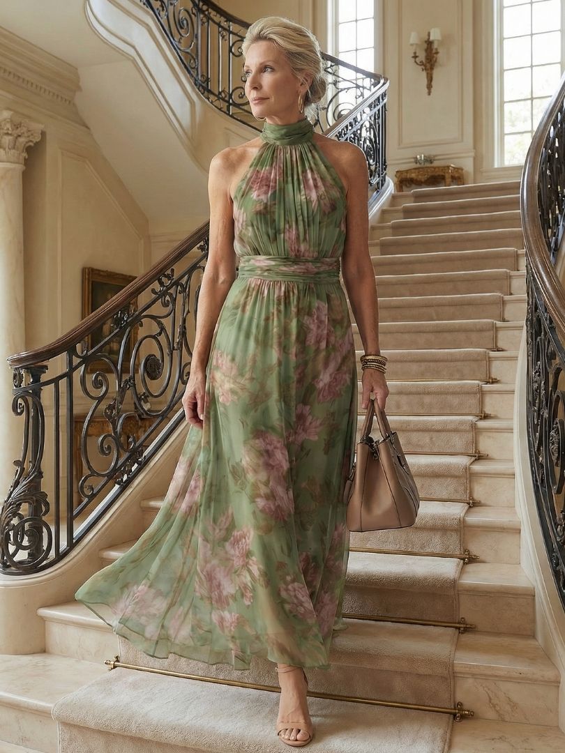 VIRELLE | Robe Midi à Encolure Halter Froncée Mirelle