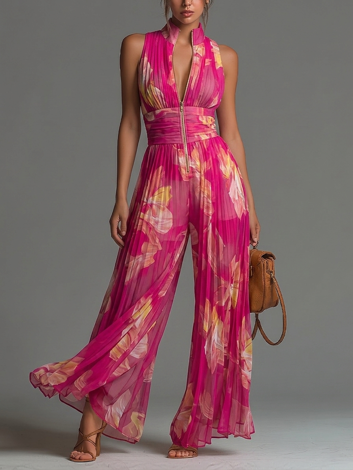 Nicole | Combinaison plissée en mousseline à imprimé floral fuchsia