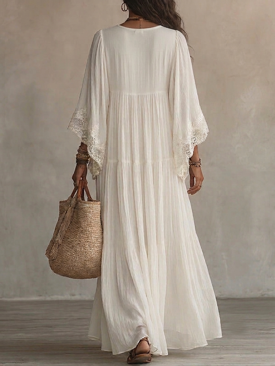 Céleste | Robe Longue en Mousseline Ivoire à Manches Chauve-souris