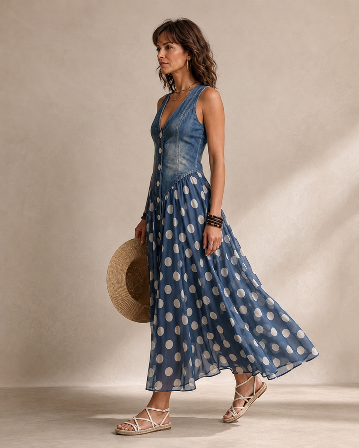 Adeline | Robe Longue à Pois et Corsage Boutonné