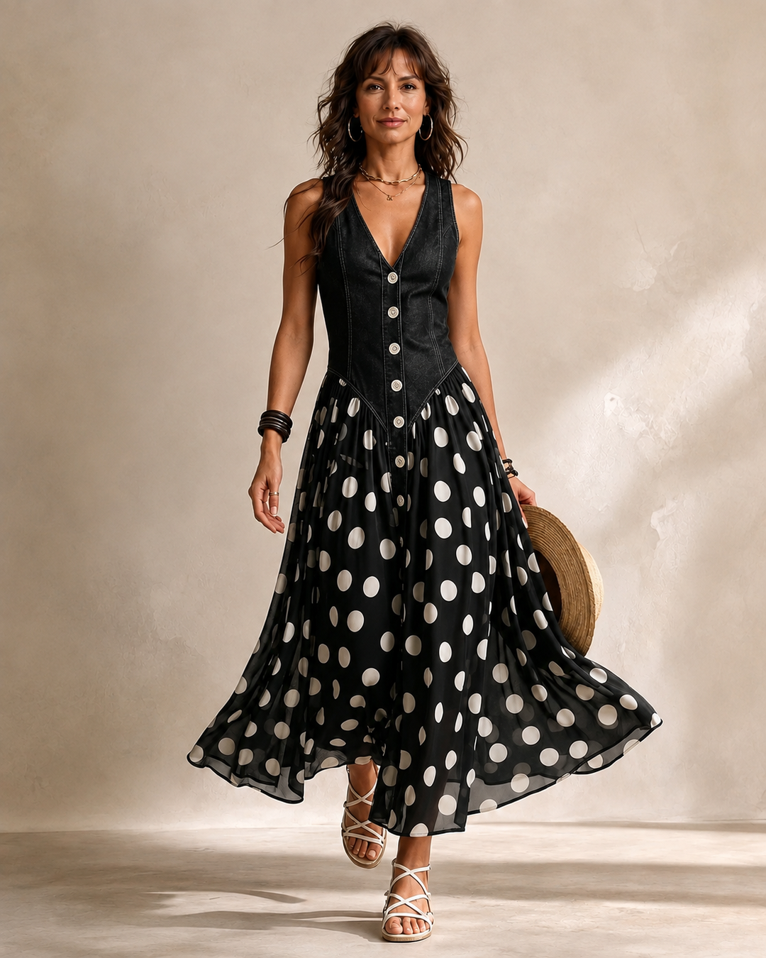 Adeline | Robe Longue à Pois et Corsage Boutonné
