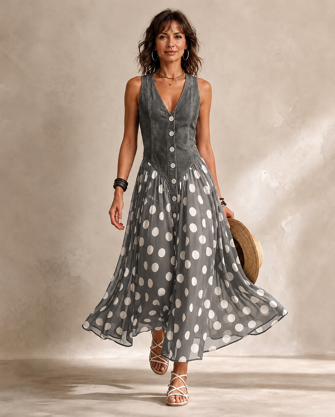 Adeline | Robe Longue à Pois et Corsage Boutonné