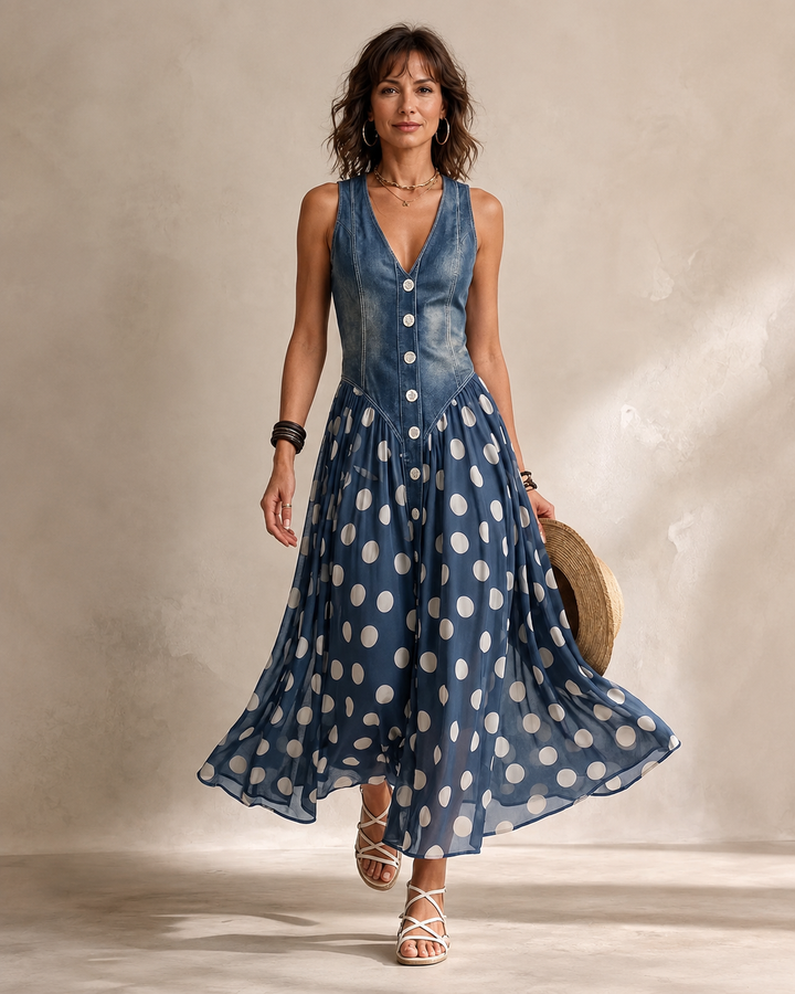 Adeline | Robe Longue à Pois et Corsage Boutonné
